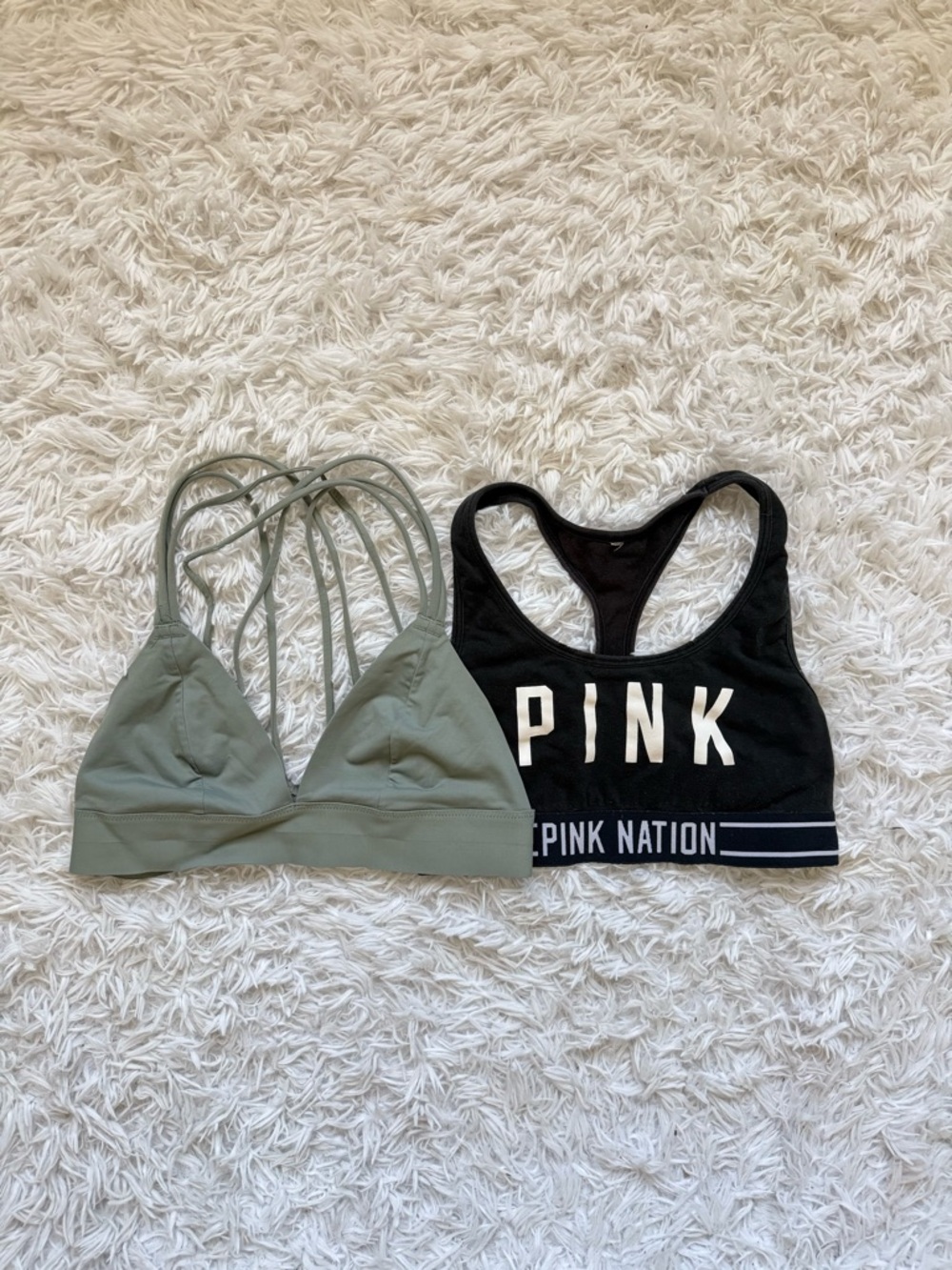 PINK Victoria's Secret Black Logo Sports Bra & Olive Strappy Bralette